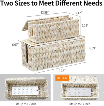 Coeusy Cable Management Box,Boho Decorative Handwoven 2 Open Slots Cord Organizer Hider Box with Lid for TV Wires, Computer, Router, USB Hub and Under Desk Power Strip