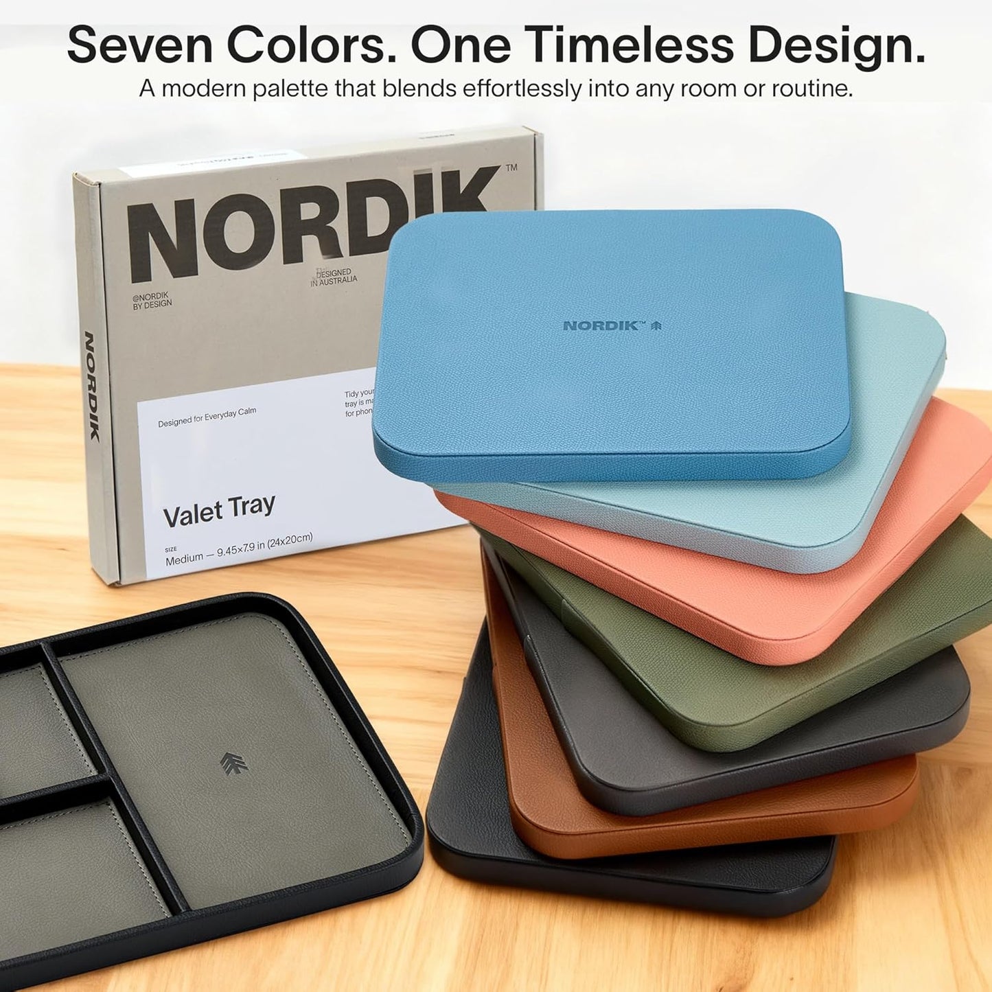 Nordik Leather Valet Tray - Sand Brown - 9.5 x 7.9 Inch Medium Vegan Leather Tray - Stylish Nightstand Organizer for Men - Modern Bedside Caddy - EDC Catchall for Key Watch Wallet Jewellery