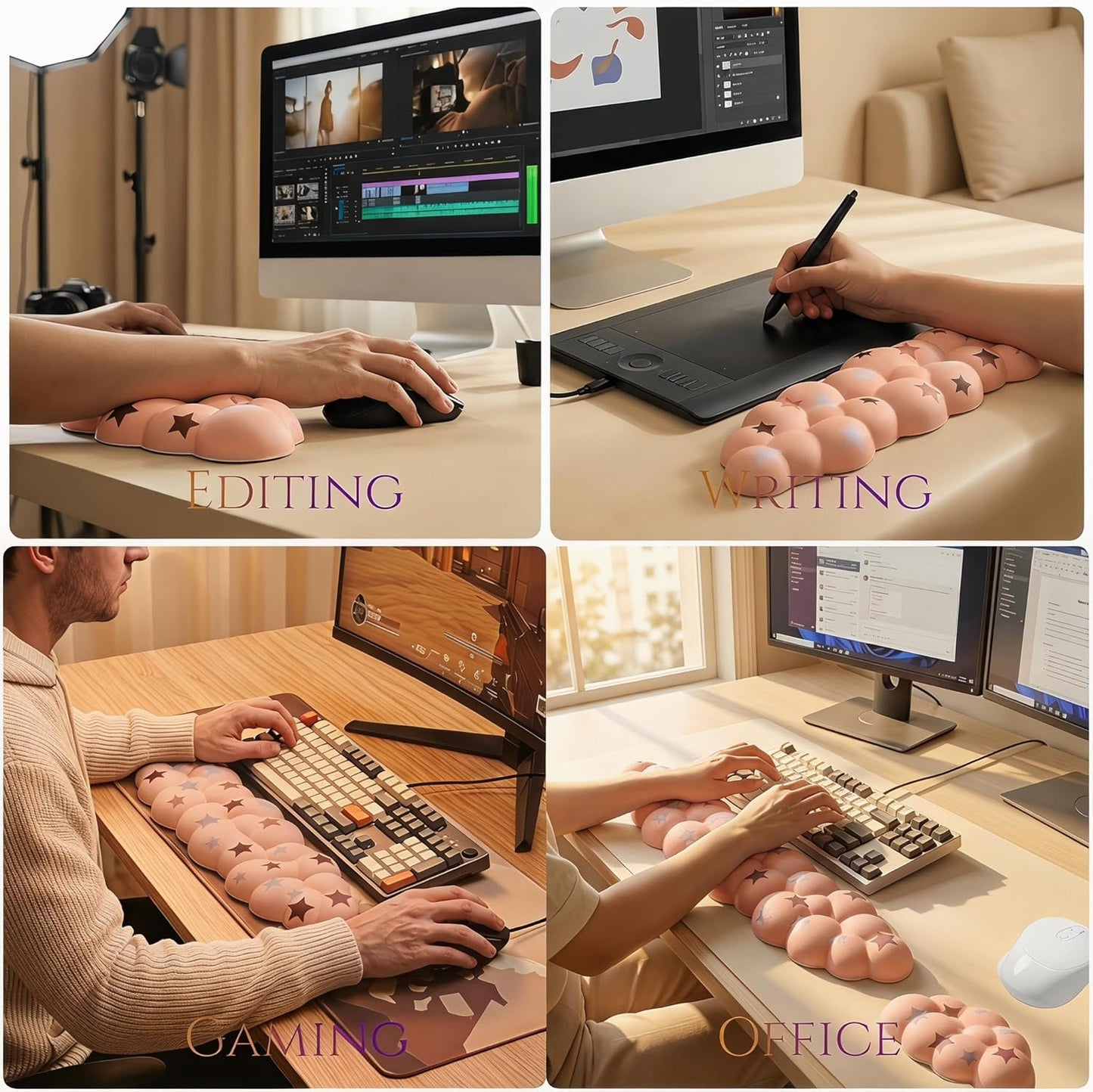 Cloud Wrist Rest Set for Keyboard and Mouse, Includes Cute Coaster, with Computers and Laptops（Purple Star Set）
