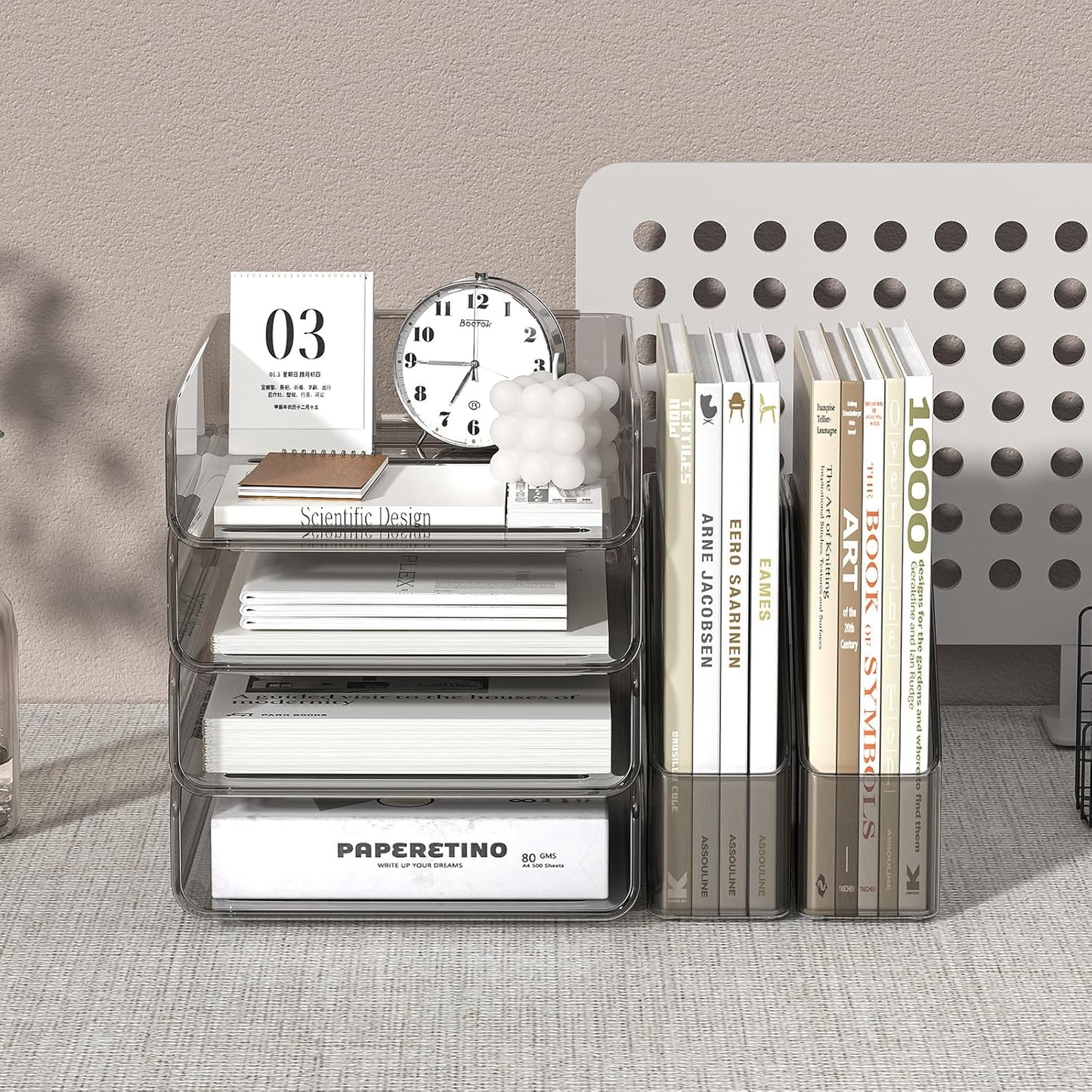 FANXIYQ 4-Tier Horizontal Acrylic Paper Tray Organizer with Bookends | Clear Stackable Desk Organizer for Documents, Letters, A4 Paper | Modern Office/Classroom/Home Organization