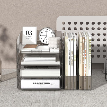 FANXIYQ 4-Tier Horizontal Acrylic Paper Tray Organizer with Bookends | Clear Stackable Desk Organizer for Documents, Letters, A4 Paper | Modern Office/Classroom/Home Organization