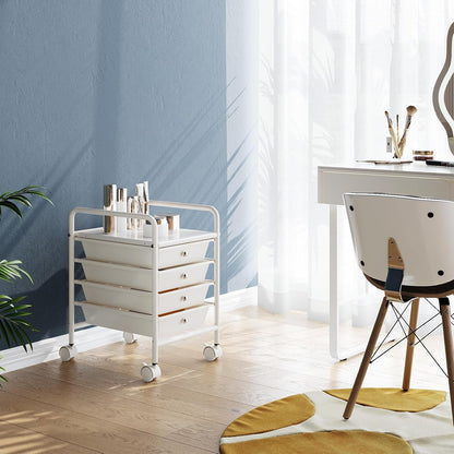 4-Tier Utility Cart with 4 Drawers, Rolling Utility Cart with 2 Lockable Caster Wheels, Multipurpose Mobile Rolling Drawer Cart for Office Bathroom Kitchen, Ivory White