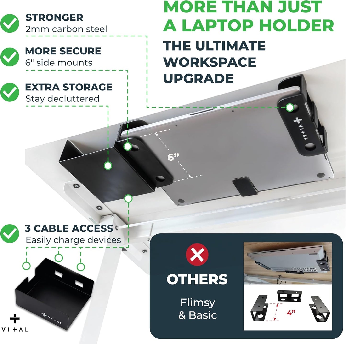 VI+AL Under Desk Laptop Mount - Hidden Metal Shelf with Side Storage, Hook & Cable Organizer - Installs with Tape & Screws - Fits Devices up to 1.7" Thick - Deluxe + LED (USB Light Strip & Remote)