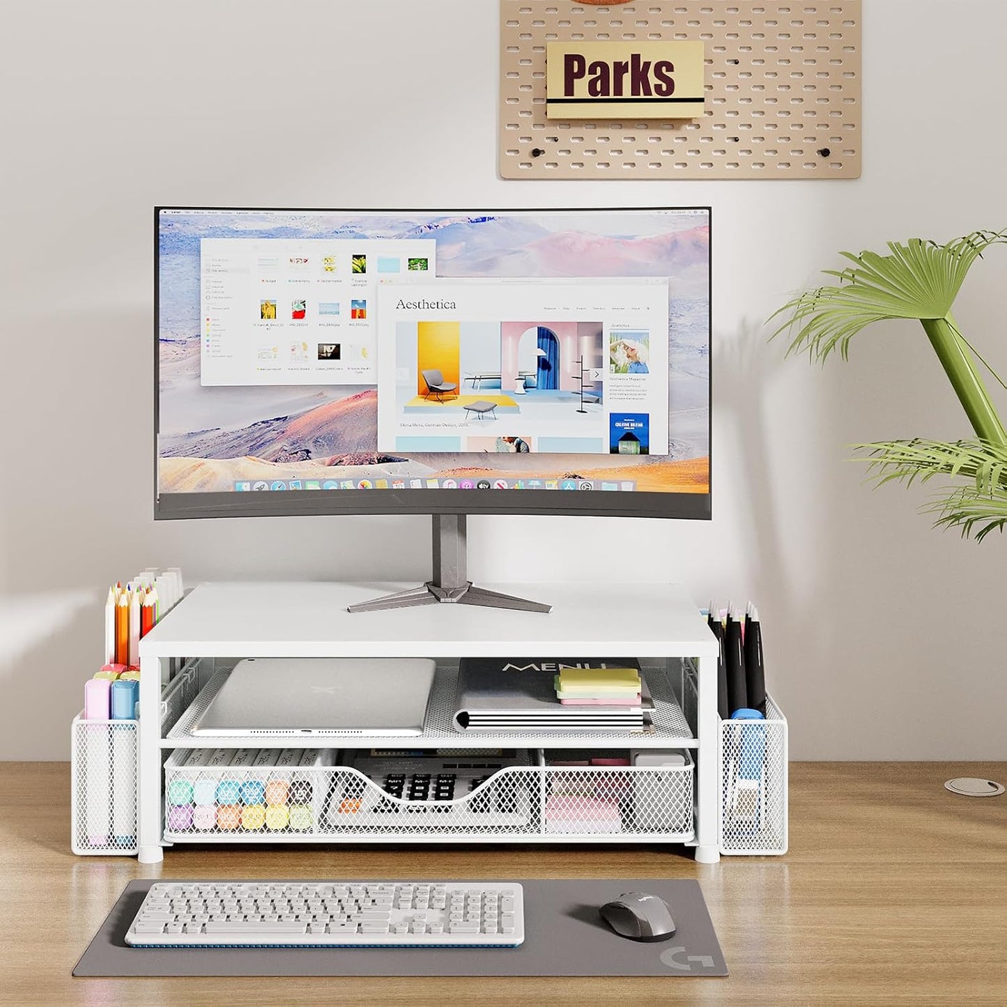 OPNICE Desk Organizer and Accessories, 2-Tier Computer Monitor Stand Riser with Drawer and 2 Pen Holders, Laptop Stand, Office Desk Accessories for Office Supplies, Black