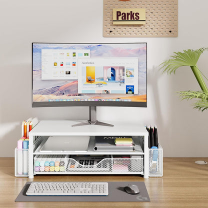 OPNICE Desk Organizer and Accessories, 2-Tier Computer Monitor Stand Riser with Drawer and 2 Pen Holders, Laptop Stand, Office Desk Accessories for Office Supplies, Black