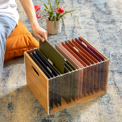 Sbanmao Clear Acrylic File Box Organizer, Bamboo Hanging Folder Storage Boxes, Filing Crate Bin Holder with Handle for Home Office Desk, Letter Size