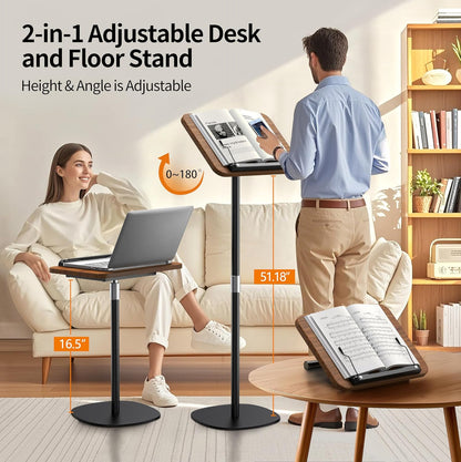 NAMON 2-in-1 Dual-use Floor & Desktop Book Stand, Sturdy Metal & Wood Build, Height Adjustable from 16.5" to 51", Floor Reading Stand for Sheet Music, Cookbooks, Projector (White, 11.8" x 16.5" Panel)
