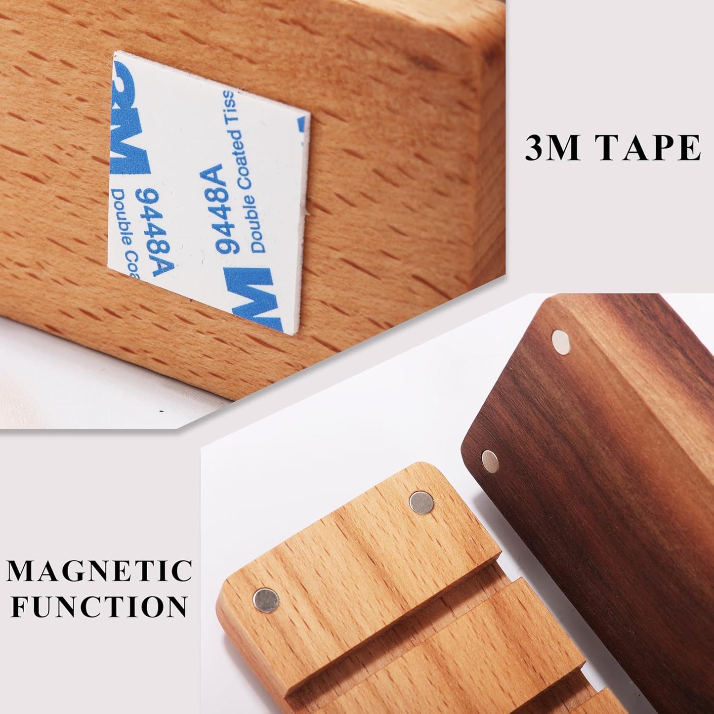 Magnetic Cord Holder with 6 Slots - Walnut & Beech Wood Cable Organizer for Lightning, USB, USB-C, Stick-on Design for Desk, Under Desk, Nightstand