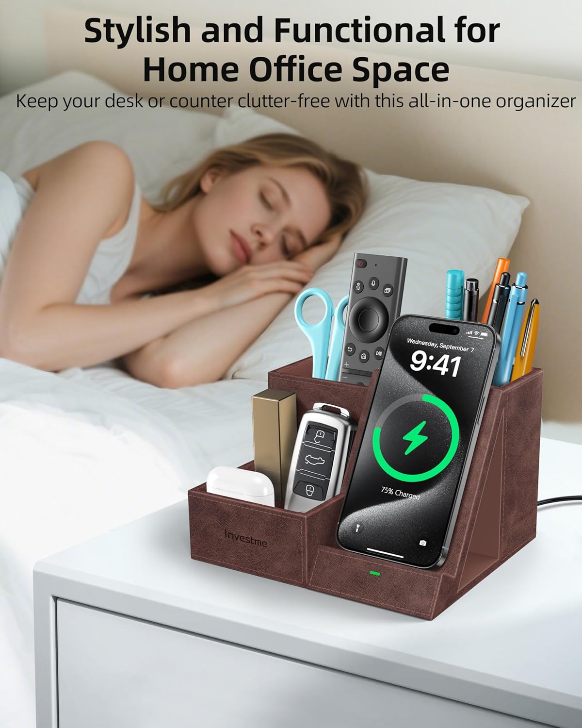 Wireless Charger with Desk Organizer, Pen Pencil Holder, Multifunctional Desktop Organizer, Office Supplies and Desk Accessories Organizer with 3 Compartments and 1 Phone Stand