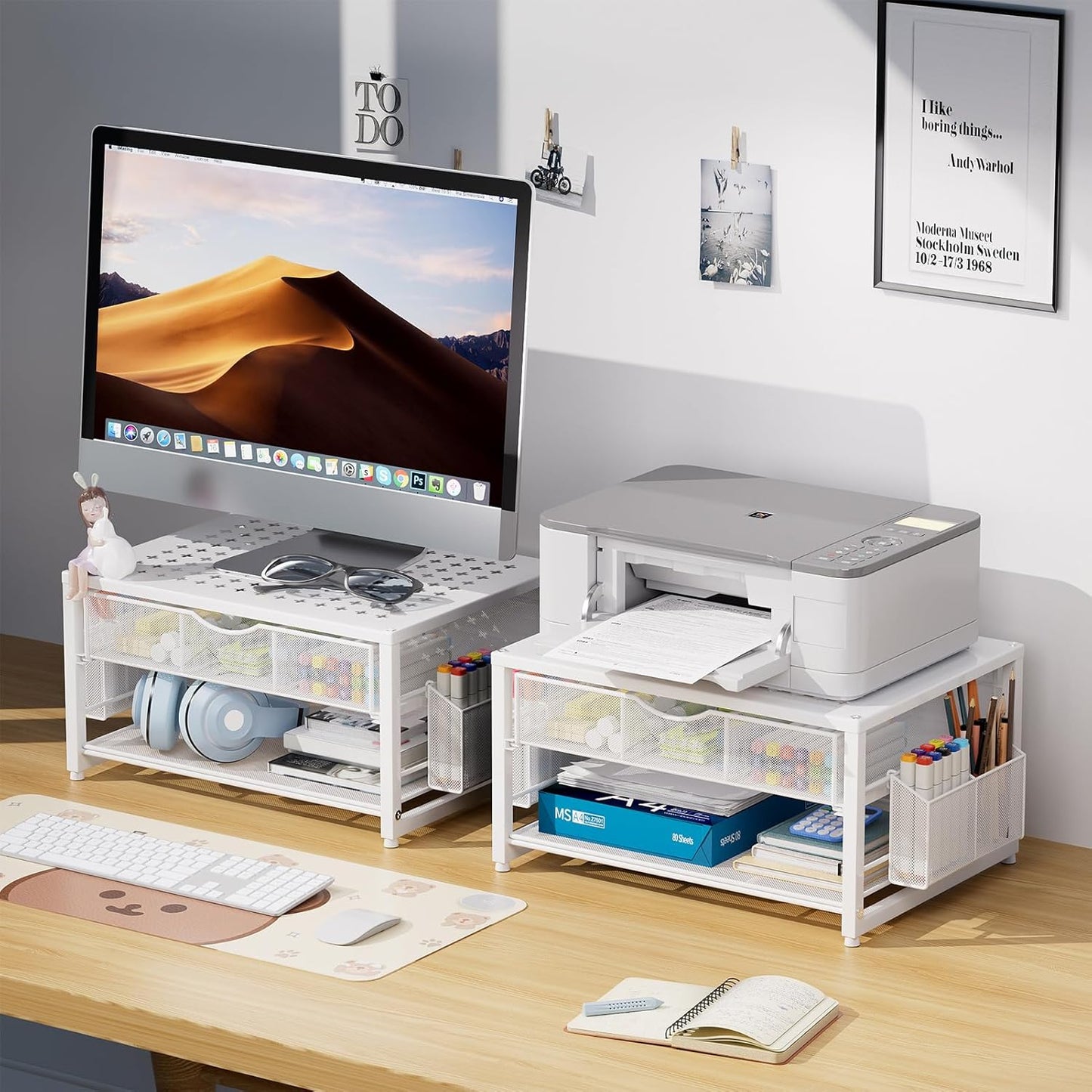 Marbrasse Metal Printer Stand for Desk with Storage Drawer and 2 Pen Holders, 2-Tier Desktop Organizer Printer Table for Home Office, Multi-Purpose Desk Organizer for Fax Machine Scanner Files(Black)