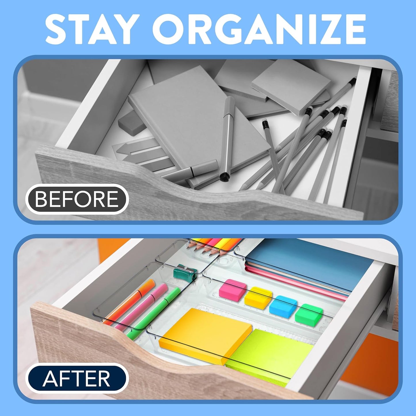 Emporio Kitchen Drawer Organizer Set - 37 Stackable Storage Trays for Makeup, Kitchen, and Office - Includes 3 9x6, 6 9x3, 14 6x3, 14 3x3 Bins