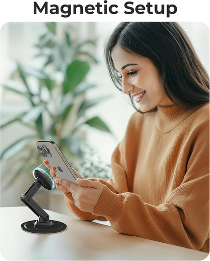 COOPER Mag360, Desktop MagSafe Stand for iPhone 17 Pro Max (16/15/14/13/12), Magnetic Phone Holder for Desk, 360° Rotating, Height Adjustable, Magnetic Phone Stand for Desk, with Metal Ring (Black)