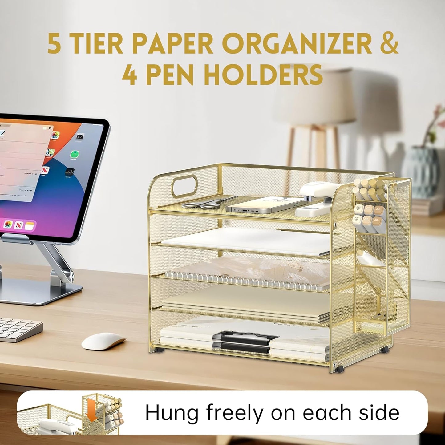 SUPEASY 5 Tier Desk Organizer with Handle & Removable Pen Holders, Mesh Paper/File Organizer for Desk, Paper Letter Tray Organizer for Office Supplies (Black)