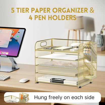 SUPEASY 5 Tier Desk Organizer with Handle & Removable Pen Holders, Mesh Paper/File Organizer for Desk, Paper Letter Tray Organizer for Office Supplies (Black)
