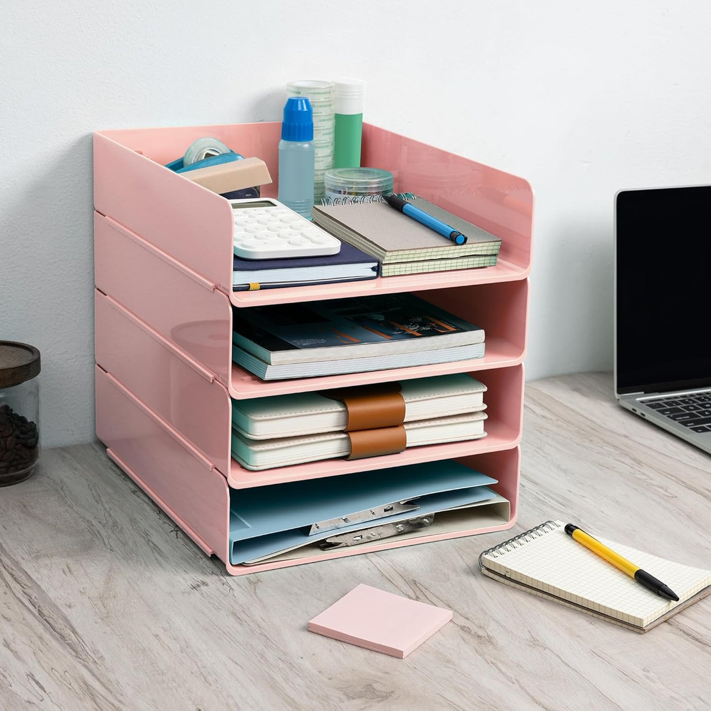 Tiawudi Desk Organizer, Clear Office Organization and Storage, Plastic Letter Tray, Stackable File Organizer for Classroom, Home, Documents, Notes, Folders, Books and Pens, 4 Tier