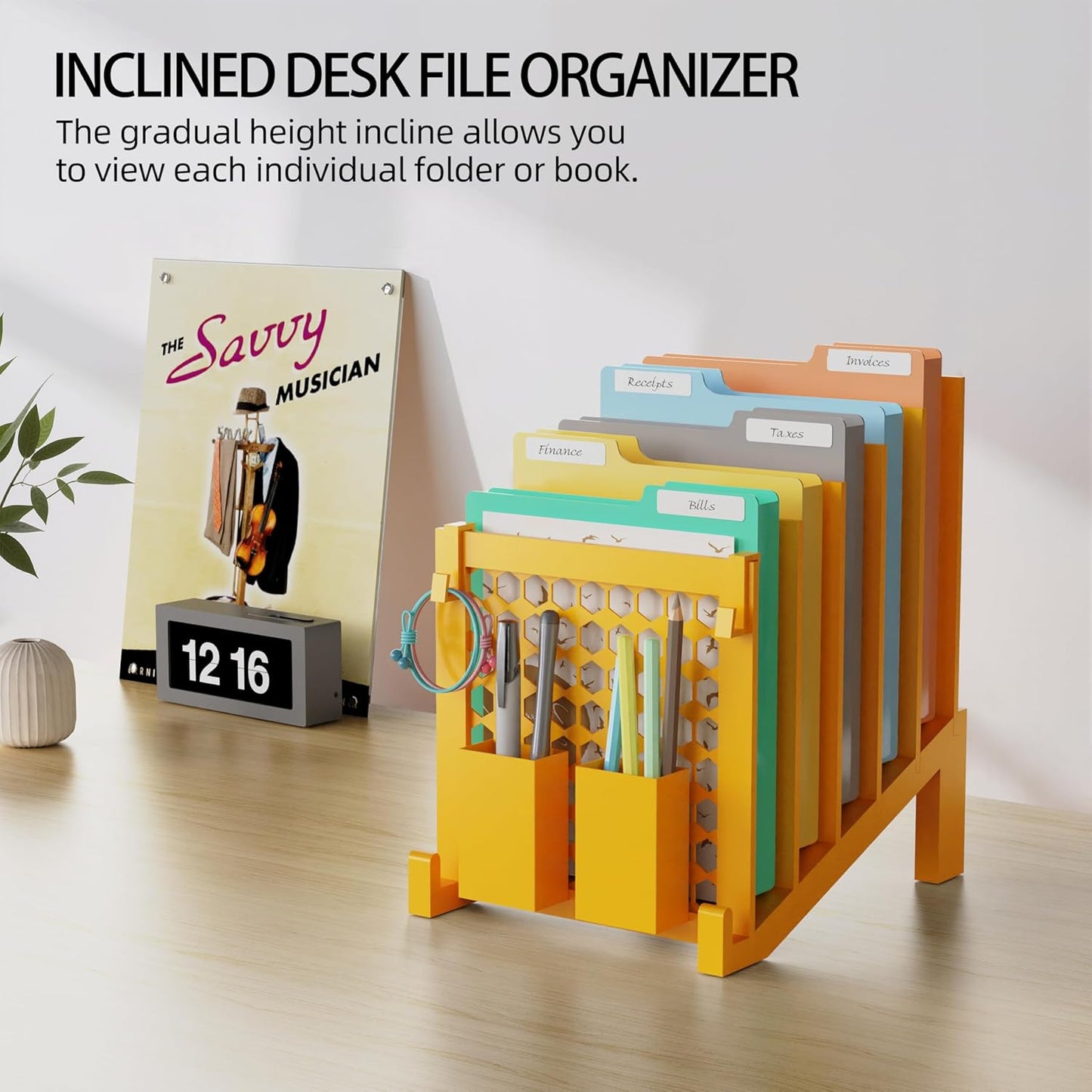 File Organizer for Desk with Storage Box & Hook, Inclined Desk File Organizer with 5-Section Vertical File Holder Suitable for Home Office Document Organization (Black)