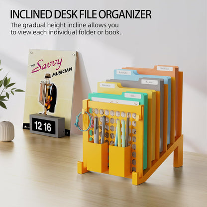 File Organizer for Desk with Storage Box & Hook, Inclined Desk File Organizer with 5-Section Vertical File Holder Suitable for Home Office Document Organization (Black)