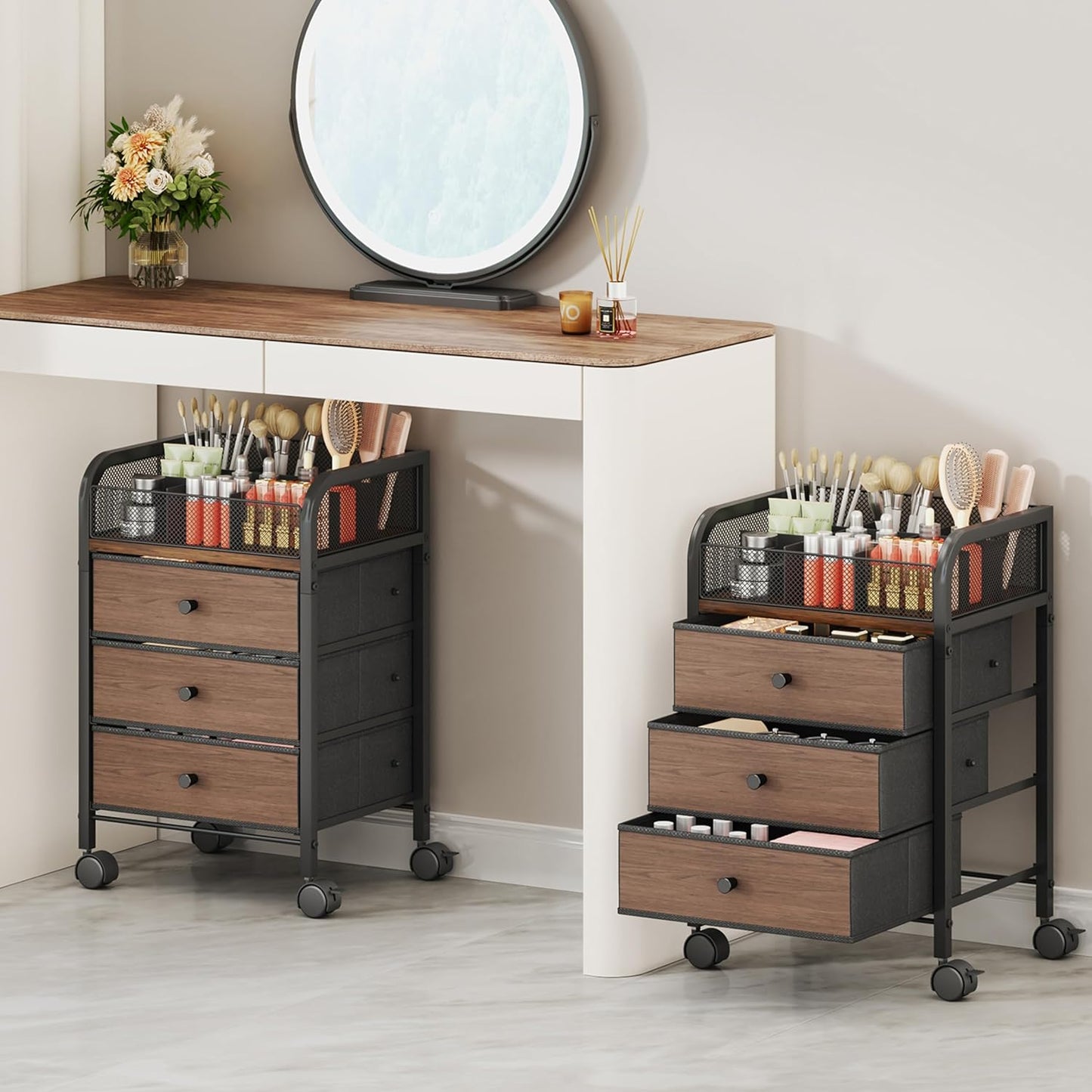 SWTYMIKI Rolling Makeup Organizer Cart - Under Desk Vanity Makeup Storage with 3 Non-woven Drawers, Nail Cart Organizer Cosmetic Display Cases Cabinet for Skin Care Perfume Nail Polish Brush Hair Tool