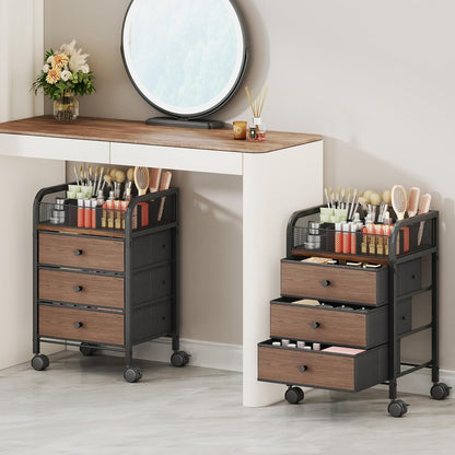 SWTYMIKI Rolling Makeup Organizer Cart - Under Desk Vanity Makeup Storage with 3 Non-woven Drawers, Nail Cart Organizer Cosmetic Display Cases Cabinet for Skin Care Perfume Nail Polish Brush Hair Tool