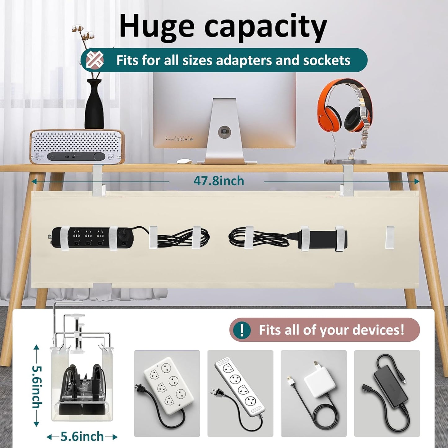 Under Desk Cable Management Tray - Under Desk Cord Management - Clamp/Screw Mount - Fabric Wire Management - Cable Raceways Tray Cord Hiders for Office/Home (Black, 35.8"×5.6")