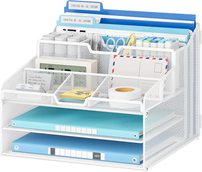 Lavatino Desk Organizer - Metal Mesh with 2 Paper Letter Trays, 7 Flexible Dividers, 2 Vertical File Holders for Office/Home/Classroom Supplies, Desk Organizers and Accessories, Black