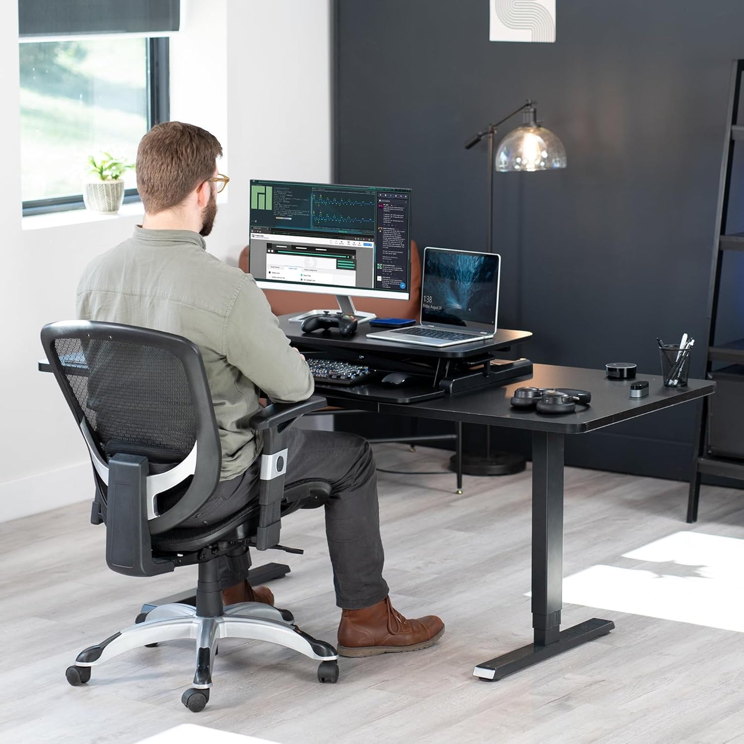 VIVO 26 inch Desk Converter, K Series, Height Adjustable Sit to Stand Riser, Dual Monitor and Laptop Workstation with Keyboard Tray, Black, DESK-V026KB