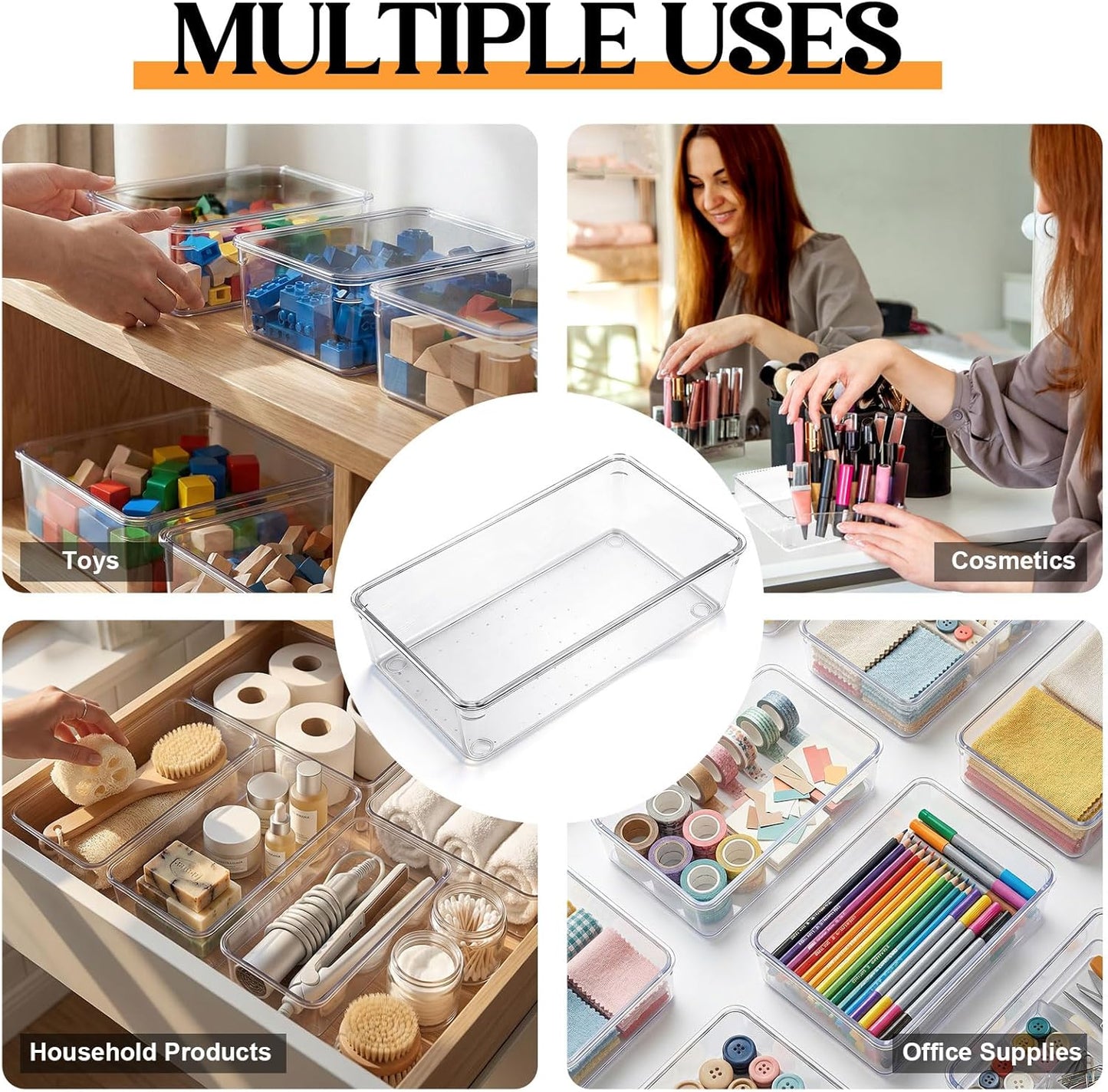 Maitys 12 Pcs Clear Drawer Organizer 9 x 3 x 2 Inches Plastic Rectangle Trays Makeup Vanity Storage Bins and Kitchen Drawers Dividers for Office Desk Silverware Kitchen Utensils(Clear)