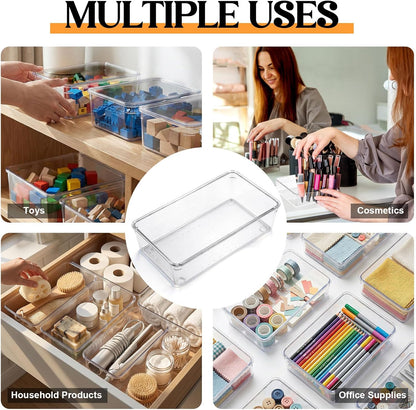Maitys 12 Pcs Clear Drawer Organizer 9 x 3 x 2 Inches Plastic Rectangle Trays Makeup Vanity Storage Bins and Kitchen Drawers Dividers for Office Desk Silverware Kitchen Utensils(Clear)