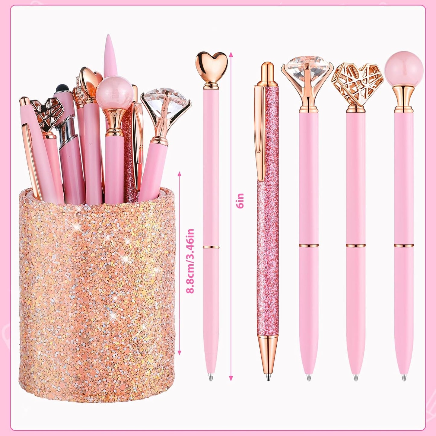 BESARTE 9 Pcs Pink Pens With Pen Holder for Desk, Fancy Pens Pink Mom Gifts Desk Accessories for Weddings Parties Mothers Day Gifts for Mom Wife