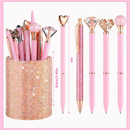 BESARTE 9 Pcs Pink Pens With Pen Holder for Desk, Fancy Pens Pink Mom Gifts Desk Accessories for Weddings Parties Mothers Day Gifts for Mom Wife