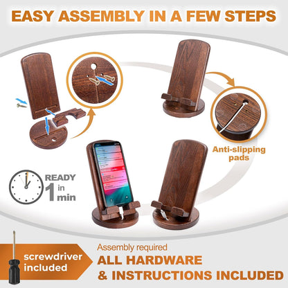 TESLYAR Wood Cell Phone Stand – Elegant Phone Holder for Nightstand & Desk | Portable Office Gift for Men, Dad & Husband | Compatible with iPhone & Android