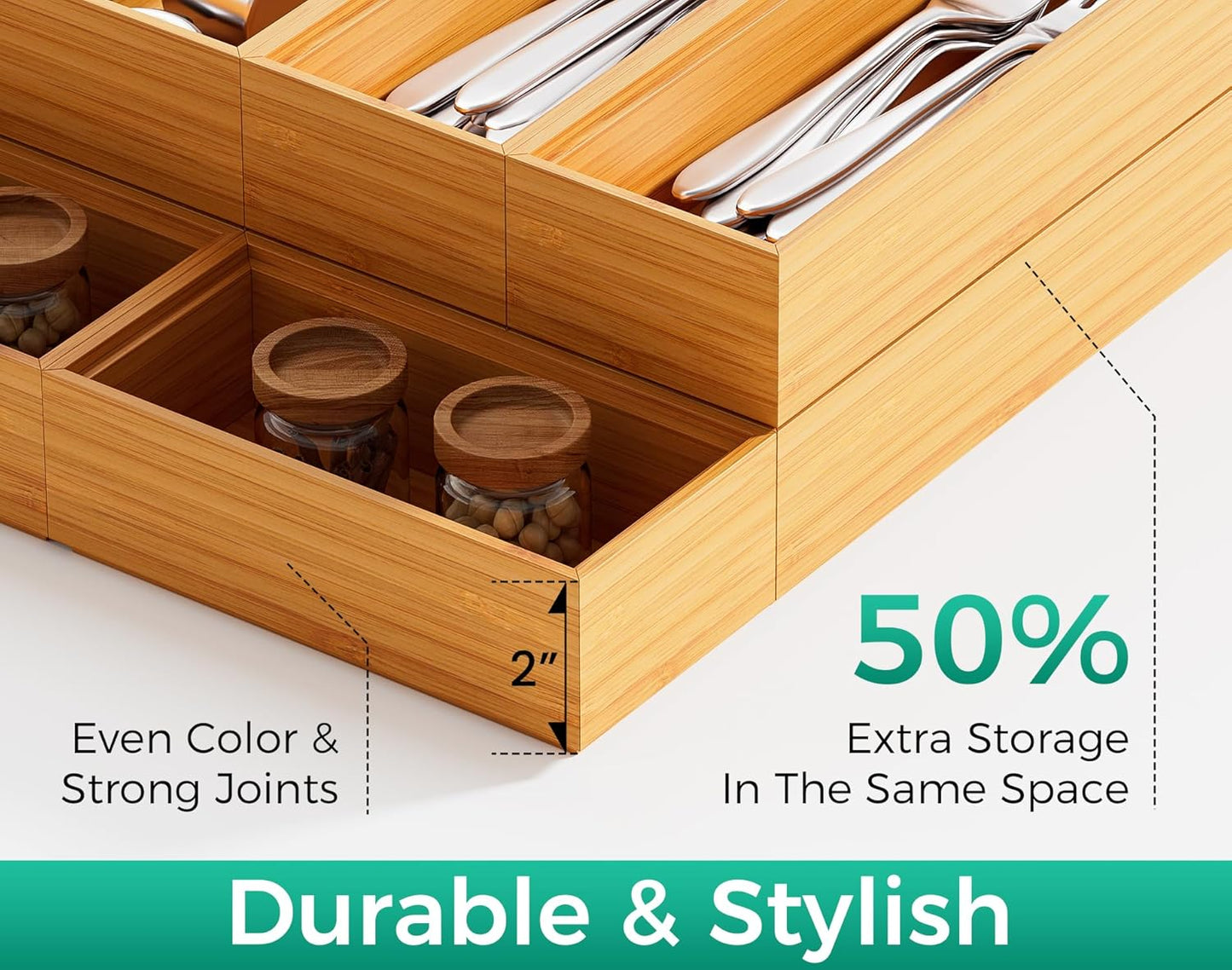 Bamboo Kitchen Drawer Organizer Set of 2, Stackable 15" x 6" Wood Silverware Utensil Tray for Drawers Bins, Cutlery & Flatware Storage – Wooden Boxes Organizers for Junk Drawer, Bathroom, RV