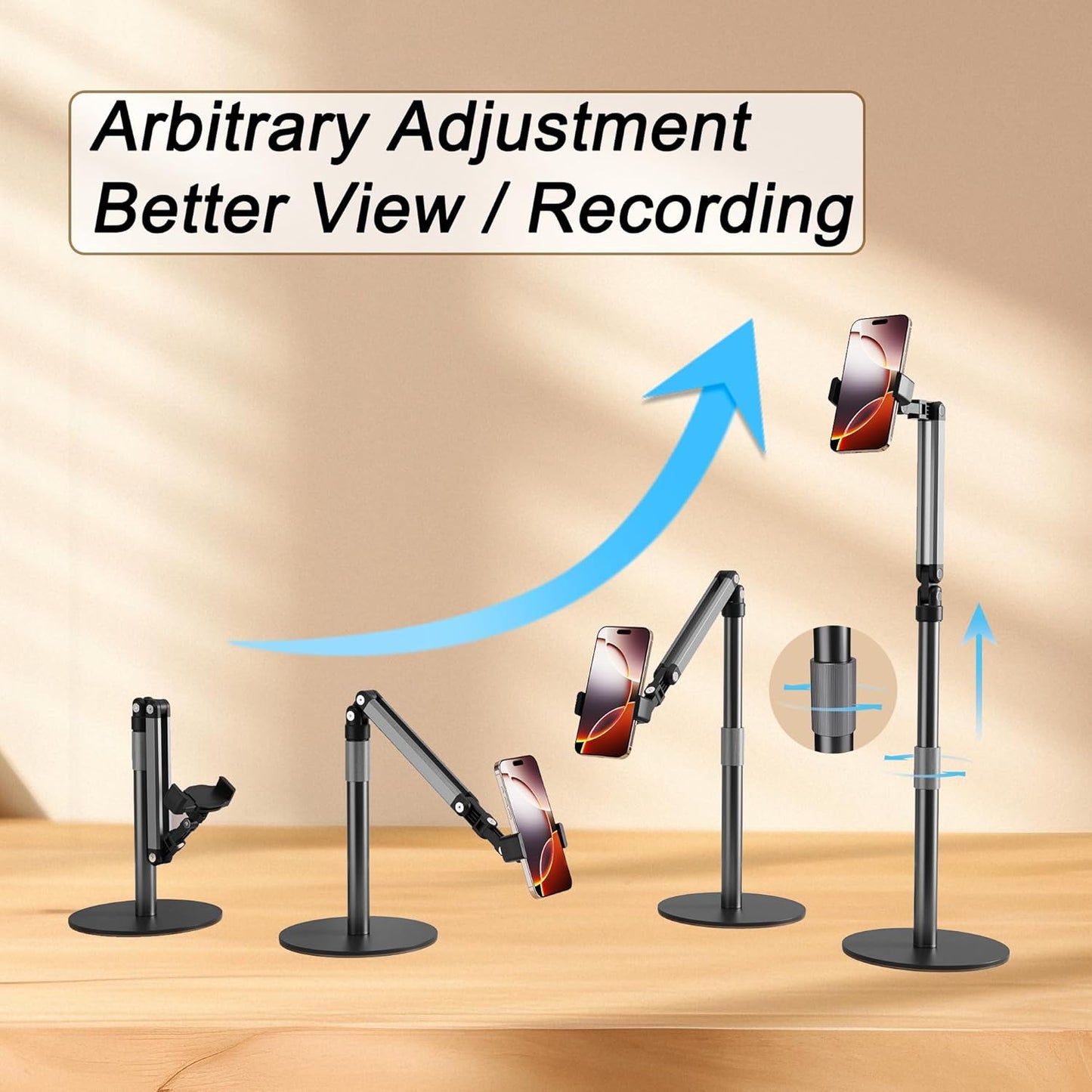 Phone Stand for Recording Overhead Desktop Phone Holder Mount with Flexible Extension Arm, Adjustable Height, for Video, Painting, Meeting, Fliming