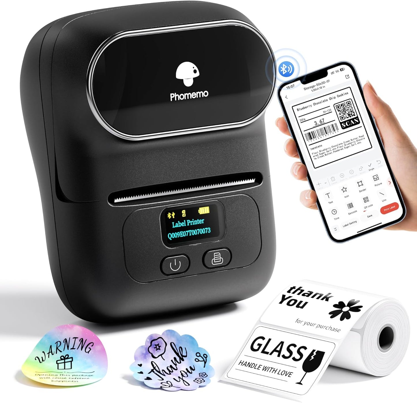 Phomemo M110 Label Makers - Barcode Label Printer Bluetooth Label Maker Portable Thermal Printer for Small Business, Address, Barcode, Logo, Clothing, Mailing, Sticker Printers for Phone & PC, Black