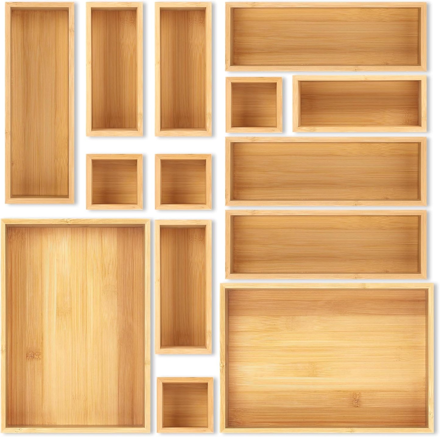 Bamboo Drawer Organizer Set, 5 PCS Multi-Use Individual Wood Storage Organizers, Junk Drawer Divider and Storage Trays Containers for Kitchen, Bathroom, Office Desk, Makeup, Jewelry, Utensils