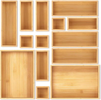 Bamboo Drawer Organizer Set, 5 PCS Multi-Use Individual Wood Storage Organizers, Junk Drawer Divider and Storage Trays Containers for Kitchen, Bathroom, Office Desk, Makeup, Jewelry, Utensils