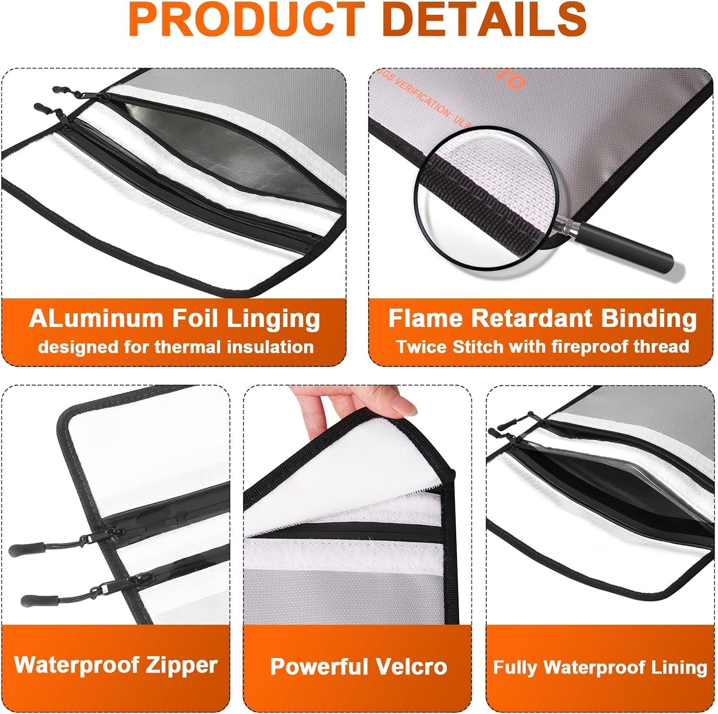 Fireproof Document Bag - Waterproof Fireproof Money Bag with Zipper for Cash/Important Documents/Valuables (Seal Protection), 15x11" (A4 Size), Fire Safe Envelope Bag with Reflective Strip