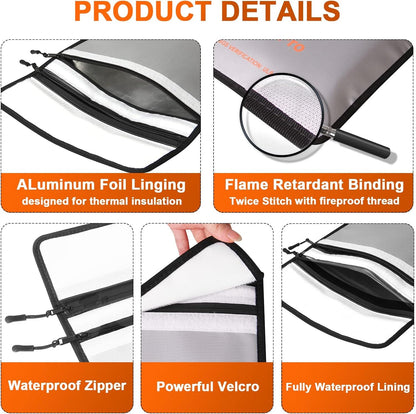 Fireproof Document Bag - Waterproof Fireproof Money Bag with Zipper for Cash/Important Documents/Valuables (Seal Protection), 15x11" (A4 Size), Fire Safe Envelope Bag with Reflective Strip