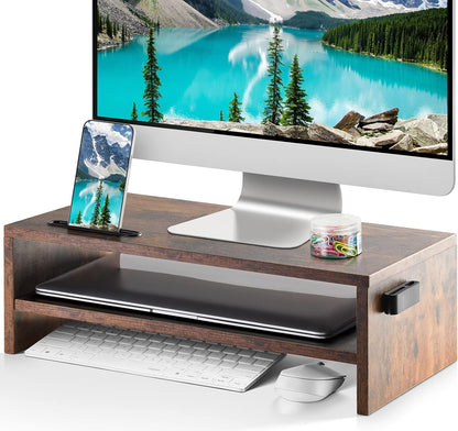 Marbrasse Monitor Stand Riser, 2 Pack 16.5 Inch 2 Tier Computer Monitor Stand, Printer Shelf Stand for Laptop Computer Screen Storagek,Desktop Stand with Phone Holder and Cable Management