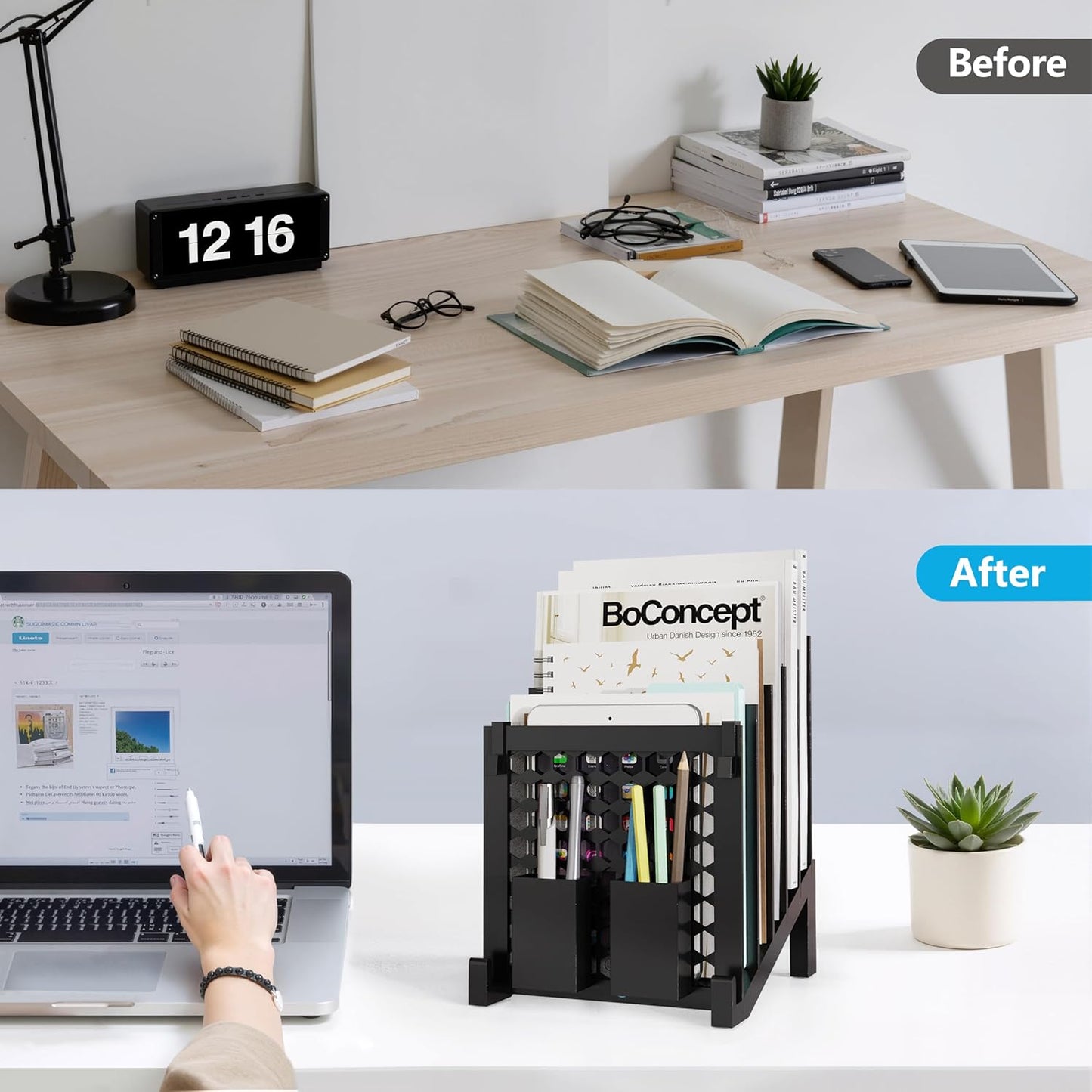 File Organizer for Desk with Storage Box & Hook, Inclined Desk File Organizer with 5-Section Vertical File Holder Suitable for Home Office Document Organization (Black)