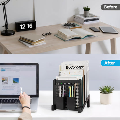 File Organizer for Desk with Storage Box & Hook, Inclined Desk File Organizer with 5-Section Vertical File Holder Suitable for Home Office Document Organization (Black)