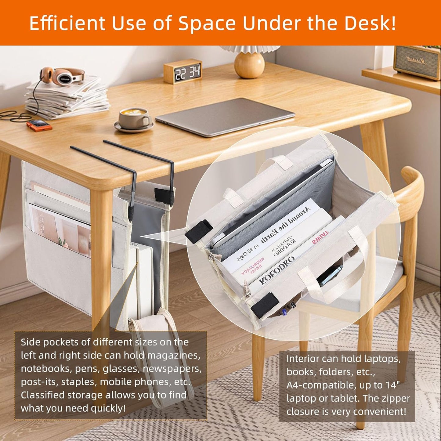 MASTLU Under Desk Hanging Storage Bag, Desk Organizer Storage, Office Side Storage Bag, Compatible with A4 Files, Detachable Handle Design, No Assembly Required, For Office Home School (Black)
