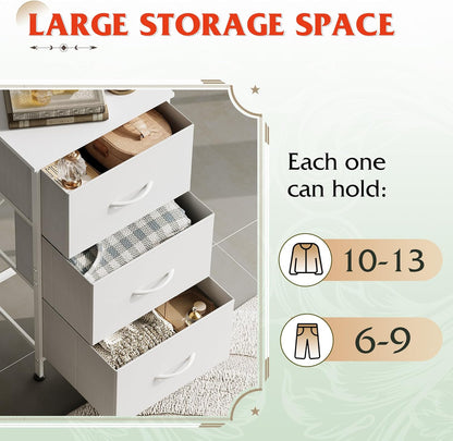 WLIVE Dresser with 3 Drawers, Fabric Nightstand, Cabinet with Wheels, Organizer Storage Dresser for Bedroom, Office, Entryway, Closets, Sturdy Steel Frame, Wood Top, Easy Pull Handle, White