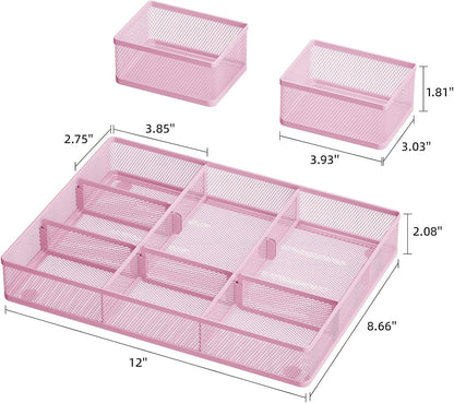 Marbrasse 3 Packs Desk Drawer Organizers, Metal Mesh Dividers Desk Drawer Organizer Tray with 9 Adjustable Compartments, Pen Organizer for Drawer Tray Box Accessories for Desktop,Kitchen, Makeup