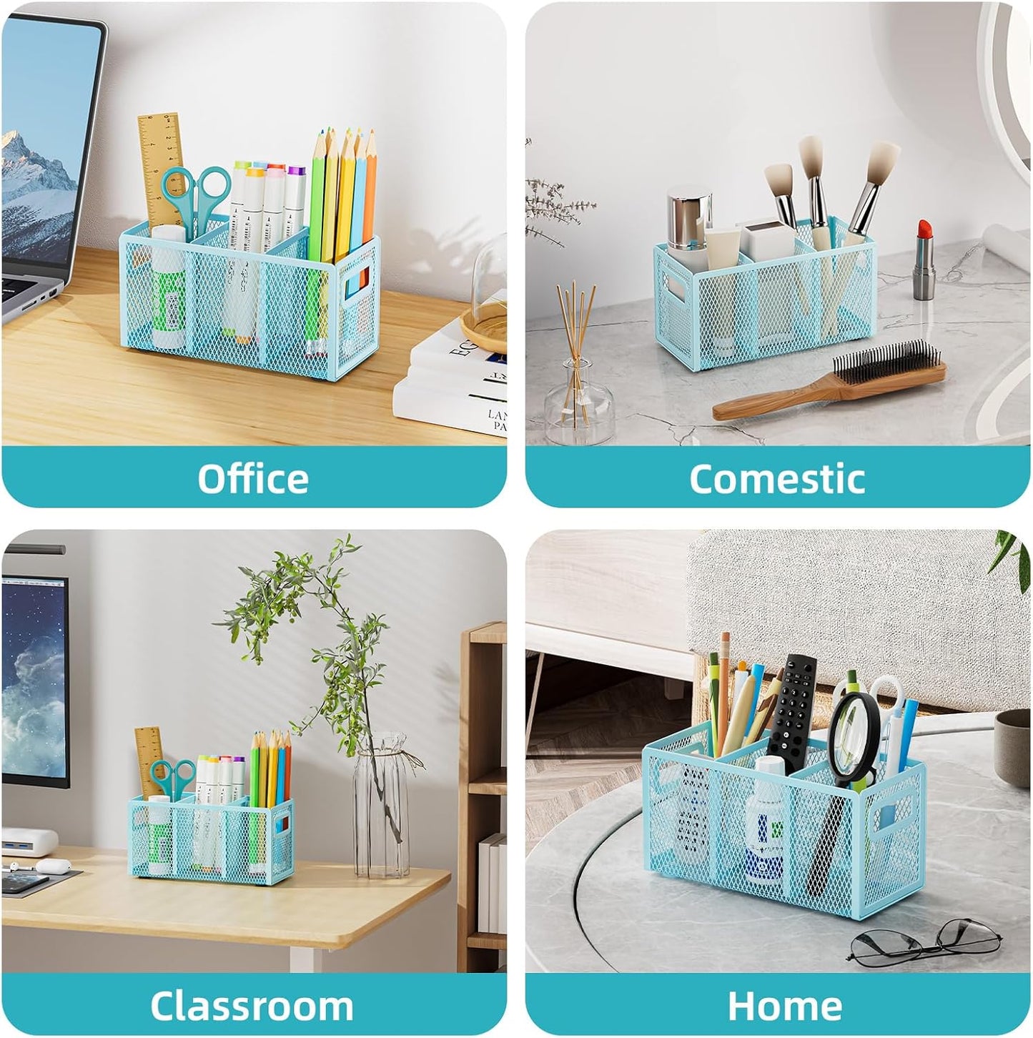 Marbrasse Mesh Pen Holder for Desk,Pencil Holder Desk Organizer 3 Adjustable Compartments,Pencil Cup with Handle Perfect for Classroom, Office, Home,Makeup,Art (Black)