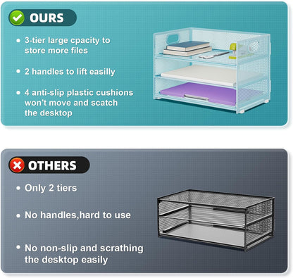 Marbrasse 3 Tier Paper Organizer Letter Tray, Mesh File Organizer with Handle, Paper Sorter Desk Organizer for Home Office Supplies