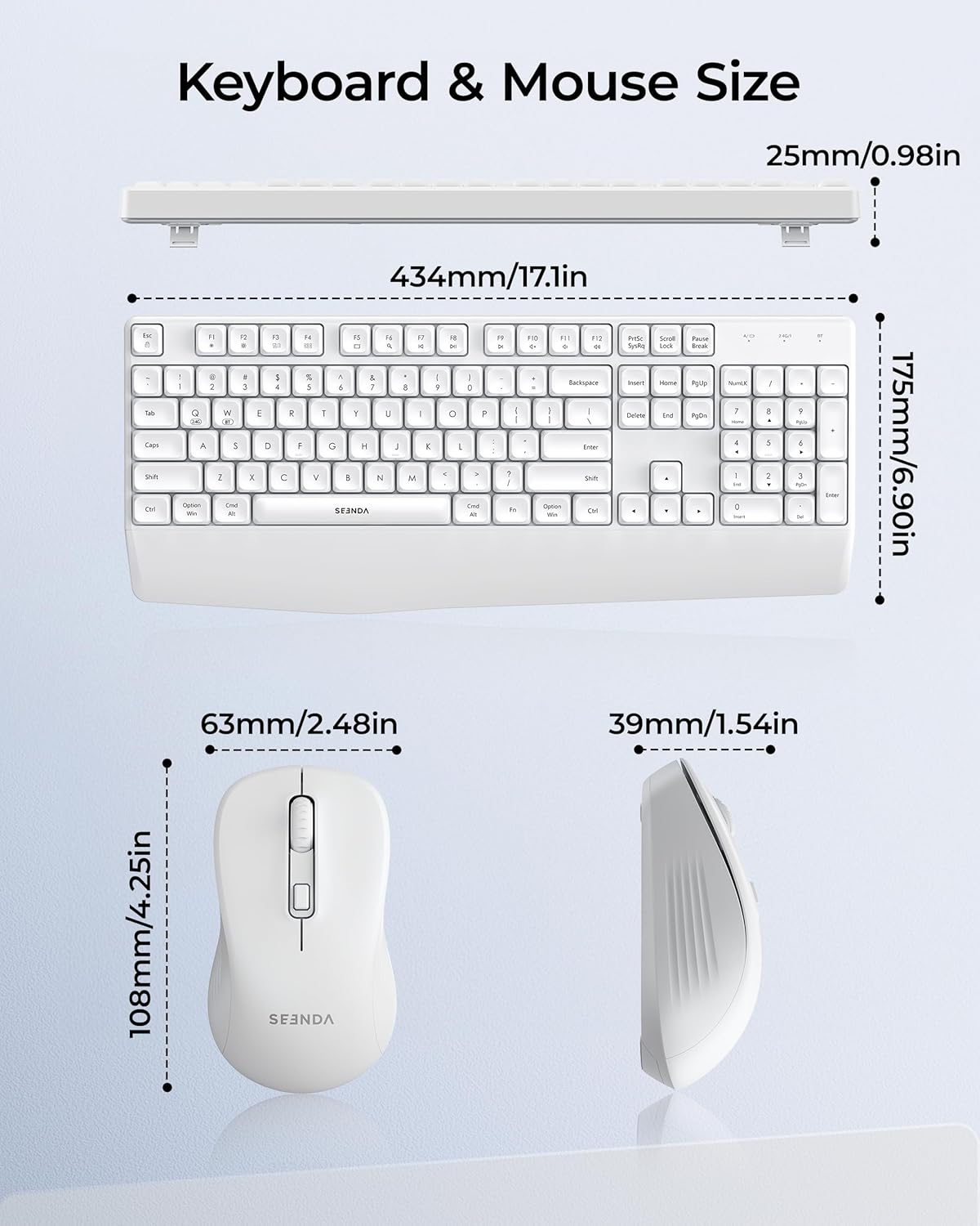 seenda Wireless Bluetooth Keyboard and Mouse Combo, COE200 Ergonomic Wireless Keyboard Mouse with Wrist Rest, Multi-Device Connection, Full-Size, Compatible for Computer/Laptop/Mac/MacBook, Black