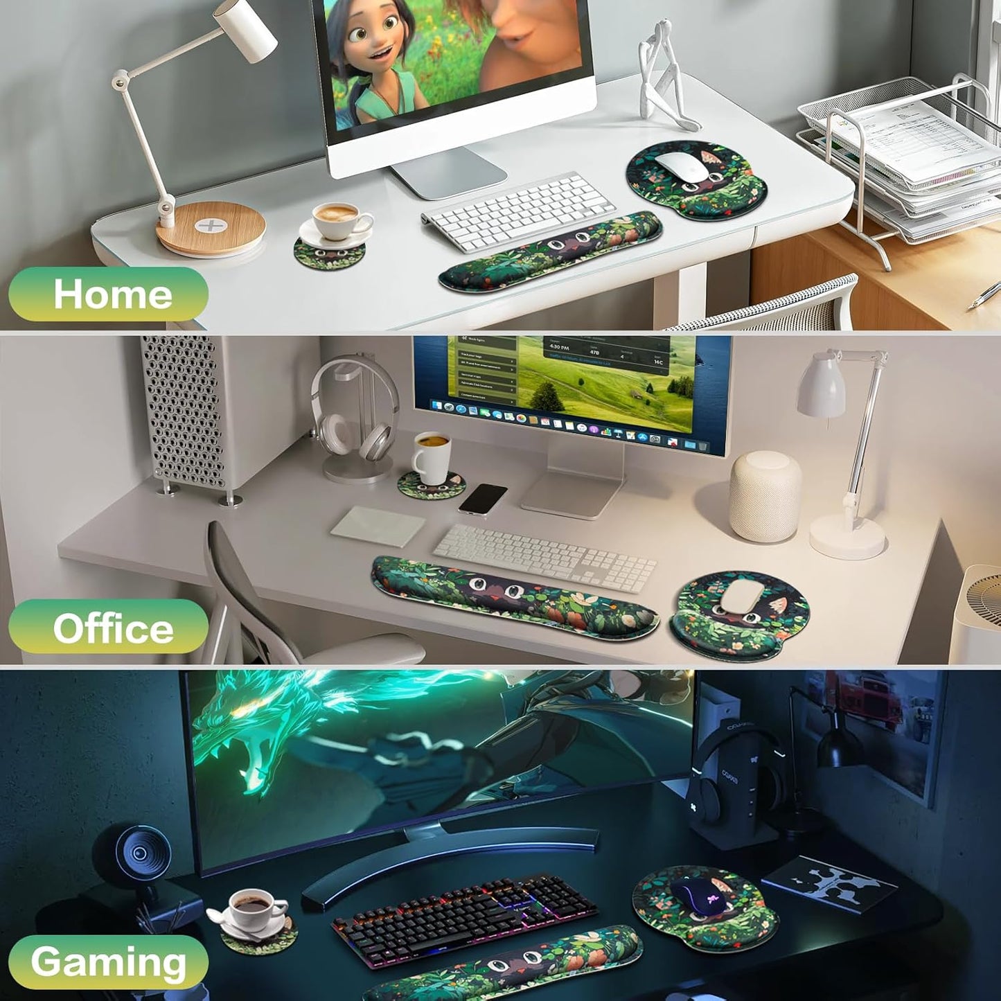 Mouse Pad with Wrist Rest Set, Qomolama 3-in-1 Wrist Support Mouse Pad Set, Floral Gaming Mousepad with Anti-Skid Base,Ergonomic Mouse Pad,Memory Foam Keyboard Gel Wrists Rest