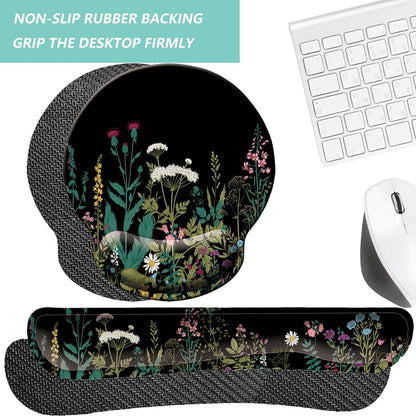 Keyboard Wrist Rest Pad Mouse Pad with Wrist Support Set of 3, Mousepad with Non-Slip Rubber Base, Ergonomic Memory Foam Mouse Wrist Cushion Support for Home Office Laptop Computer, Flower Black