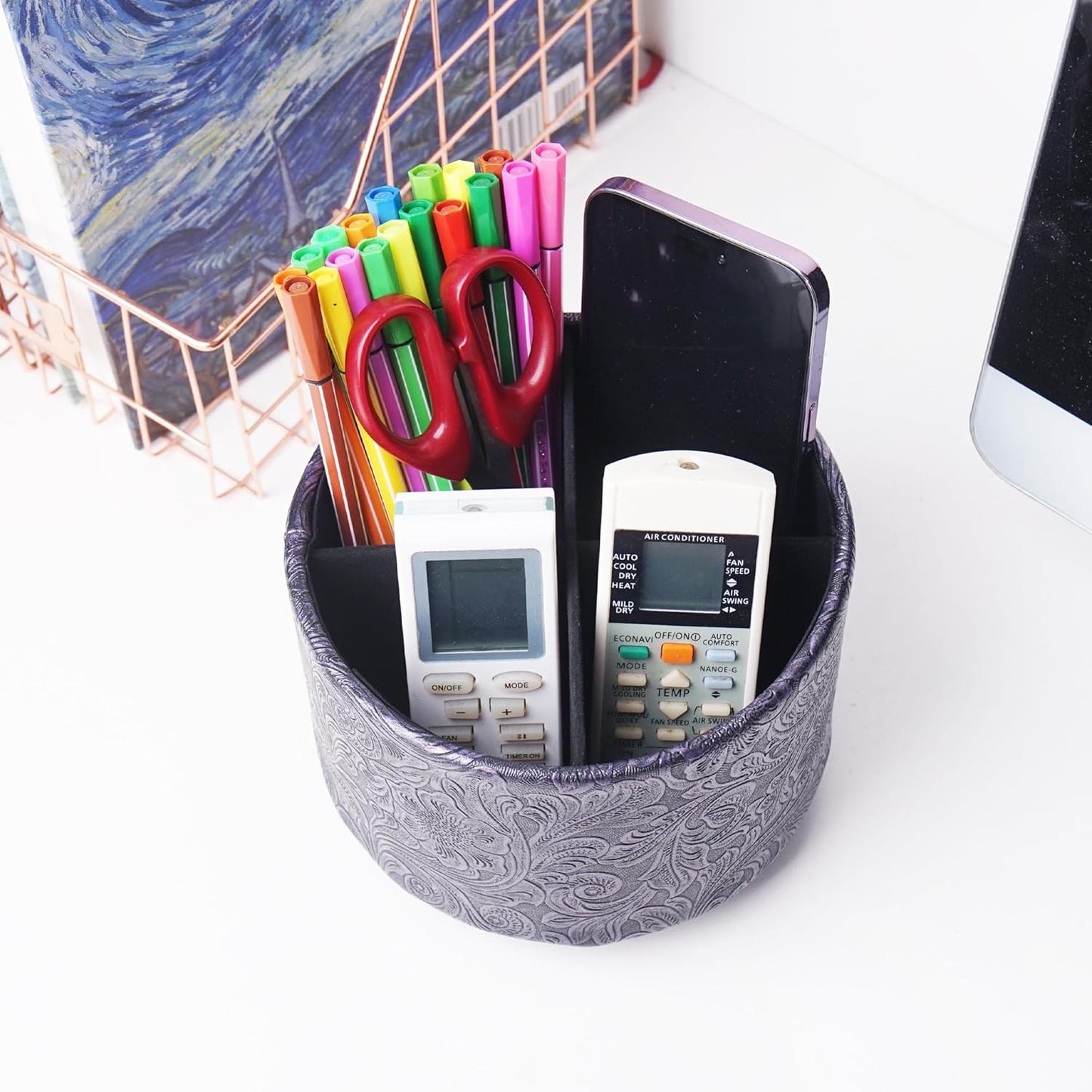 lizimandu Round Leather Art Supply Organizer,Remote Control Holder,360 Degree Spinning,Multi-Functional Pencil Holder,4 Compartments Desktop Stationary Organizer(1-Gold) - Colors A